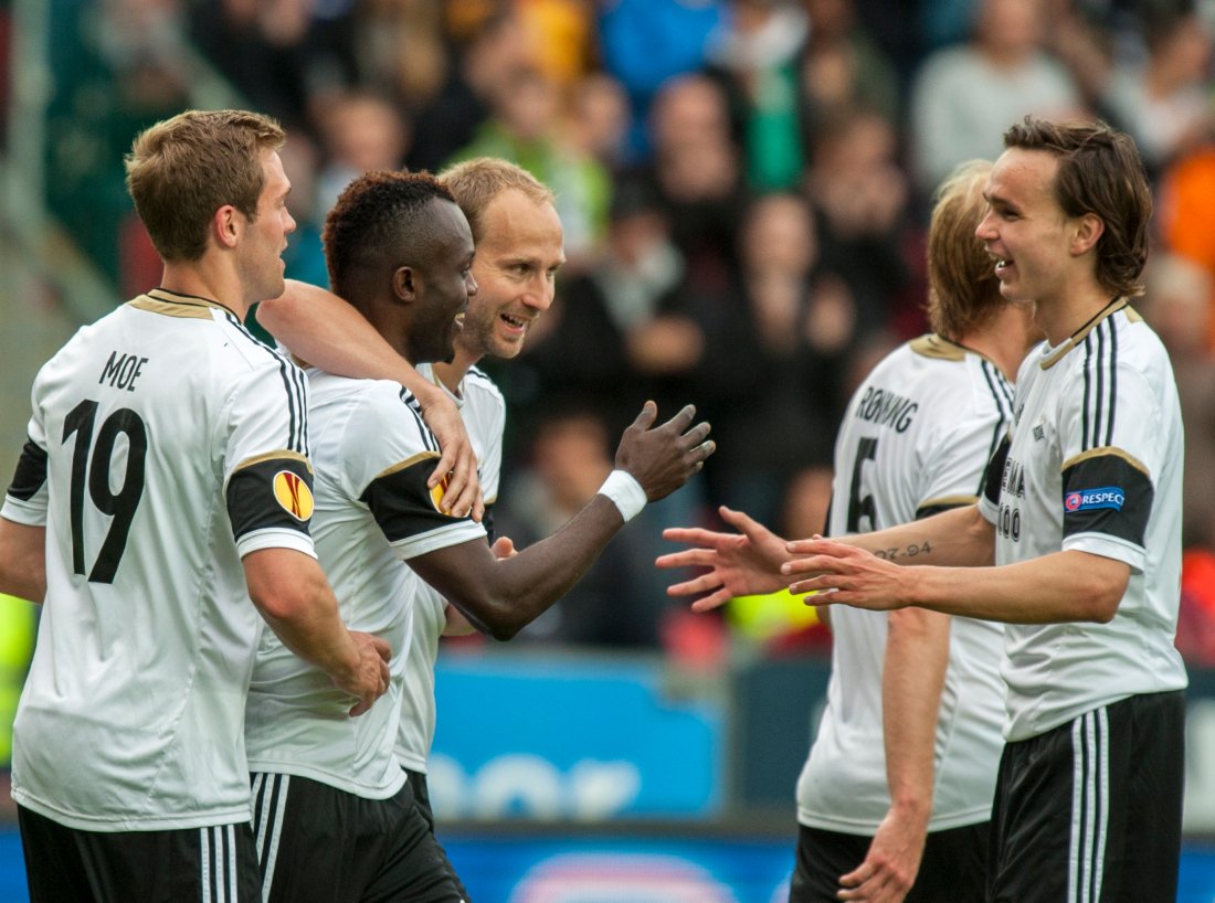 F.v. Brede Moe, John Chibuike, Jon Inge Høiland og Ole Kristian Selnæs under Europa League kvalifiseringskampen mellom Rosenborg og Crusaders på Lerkendal stadion. Kampen endte 7-2.